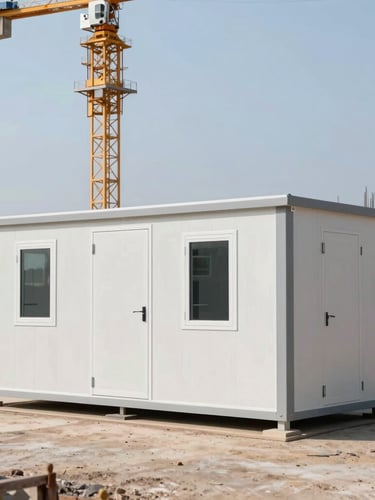 Side view of a finished heavy-duty portable office cabin on a rugged construction site, bright daylight, crane visible in the background, sharp focus.