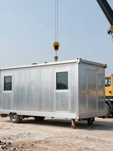 Wide environmental shot of a heavy-duty portable steel cabin being positioned on a construction site by a crane, bright natural daylight, sharp focus.