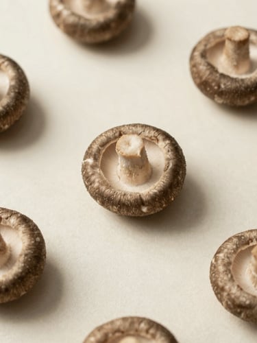 Overhead minimalist flat-lay of raw, whole shiitake mushrooms arranged elegantly on a textured light beige surface, soft side light, shallow depth of field