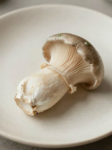 Elegant editorial photography of a single pristine oyster mushroom resting on a textured cream ceramic plate, soft diffused daylight, muted warm tones, macro lens, negative space