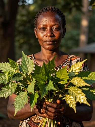 Dignified natural-light portrait of a Beninese herbal practitioner holding fresh medicinal leaves, deep shadows, warm golden-hour highlights reflecting off green foliage.