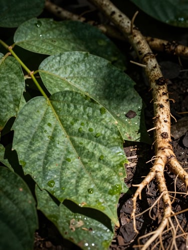 Macro photography of raw Beninese medicinal leaves and roots, high-contrast natural light, deep forest green shadows