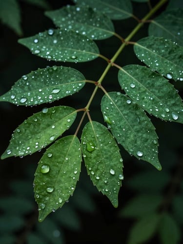 Macro photography of deep green medicinal leaves of Moringa oleifera, glistening with morning dew under high-contrast natural light, dark background.