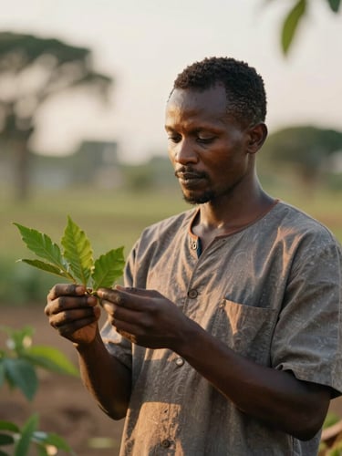 Dignified natural-light portrait of a Beninese practitioner inspecting fresh medicinal leaves, warm golden-hour highlights, soft focus background