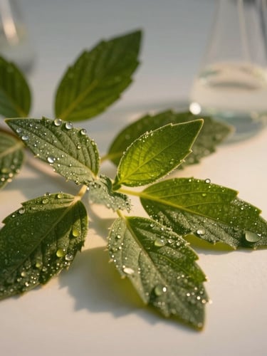 Macro photography of deep green medicinal leaves with morning dew, warm golden-hour light casting rich shadows, clean scientific glass pipette in the background, professional botanical editorial style.