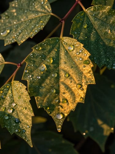 Extreme macro photography of raw Beninese medicinal leaves covered in morning dew, rich high-contrast natural light with deep shadows and warm golden highlights reflecting off the botanical textures.