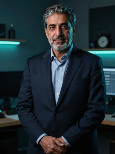Dark moody editorial portrait of Dr. Ahmad Akkam in a creative studio, cool teal rim lighting, deep navy shadows, sharp focus, premium corporate aesthetic, 35mm