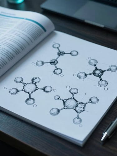 A close-up of precise design sketches of molecular structures laid out next to a medical journal on a dark wooden desk, cool teal rim lighting, 35mm