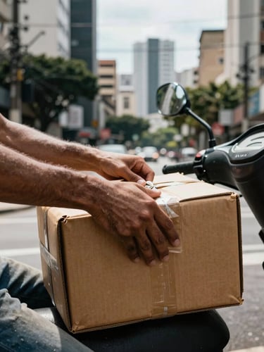 Close-up of hands securing a package on a motorcycle delivery box, high-contrast daylight, gritty urban setting, 35mm lens