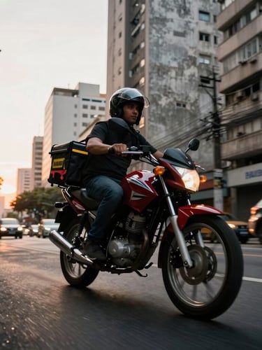 Dynamic low-angle shot of a motorcycle courier navigating a gritty São Paulo street at sunset, motion blur on the background, high-contrast daylight, 35mm lens.