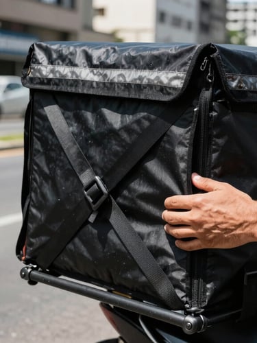 Close-up of hands securing a black delivery box on a motorcycle rack, high-contrast daylight, safety straps, gritty São Paulo street background.