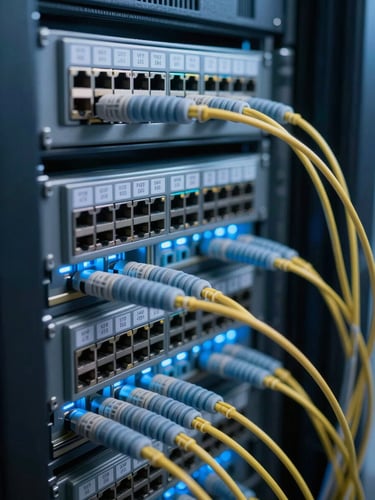 Close-up detail of dense fiber optic patch panel in a server room, cables organized in precise rows, cool blue ambient lighting from equipment LEDs, shallow depth of field revealing port labels in sharp focus