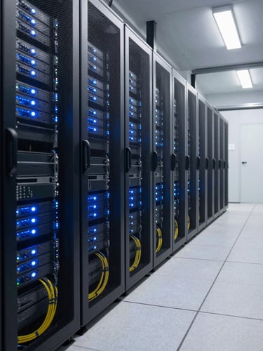 Wide shot of a data center corridor, server rack indicator lights glowing cold blue in controlled low light, cable bundles routed precisely along floor trays, no people visible