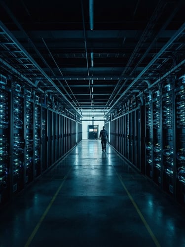Wide-angle, low-key cinematic shot of a vast, geometrically precise data center interior with cool blue and cyan ambient lighting, emphasizing scale and order, 35mm.