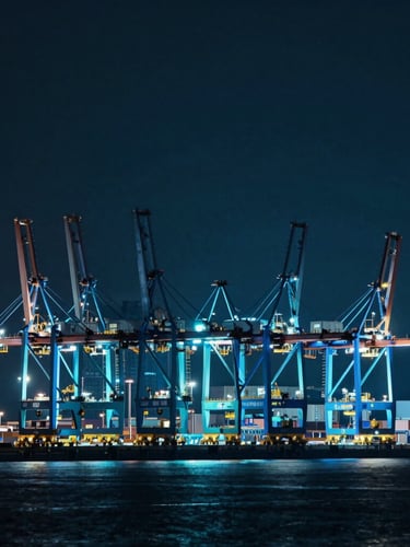 Wide-angle architectural shot of a massive, symmetrical deep-sea port with automated cranes, glowing electric cyan and blue lights, cinematic low-key lighting, ultra-wide perspective, emphasizing geometric alignment and vast scale, 35mm