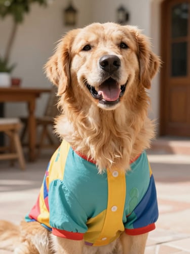 Bright lifestyle portrait of a happy golden retriever wearing a colorful custom-fit shirt, soft natural daylight, warm Mexican patio background