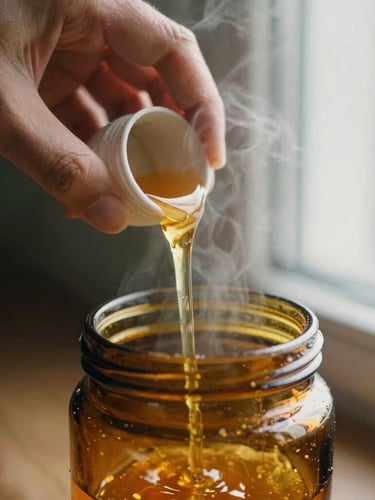 Macro close-up of hands pouring golden melted wax into an amber glass jar, soft window light, warm steam rising, 35mm film