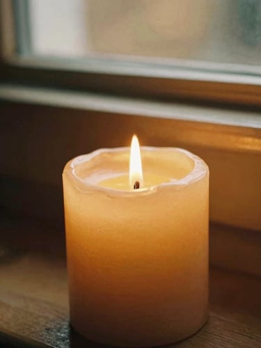 Close-up of a warm amber candle flame flickering softly, rich golden-hour window light illuminating hand-poured wax textures, cozy wooden mantel background, 35mm film style