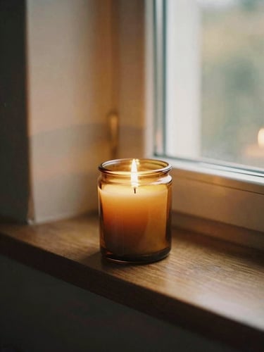 A close-up of a lit amber glass candle resting on a dark wooden mantelpiece, soft flickering flame, warm golden hour window light, 35mm film.