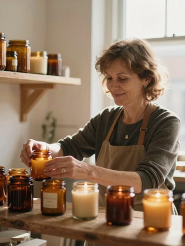 A portrait of founder Ruszo Ilona in her warm, sunlit Scarborough workshop, smiling softly while arranging amber glass candle jars on a rustic wooden shelf, shallow depth of field