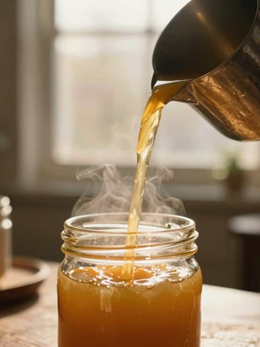 A close-up of warm amber wax being slowly poured from a metal pitcher into a clear glass jar, soft golden hour sunlight catching the steam, cozy studio background