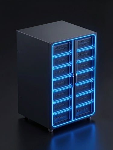 Sleek 3D render of a glowing neon blue isometric server rack with clean geometric wireframes, dark mode aesthetic, high-contrast studio lighting