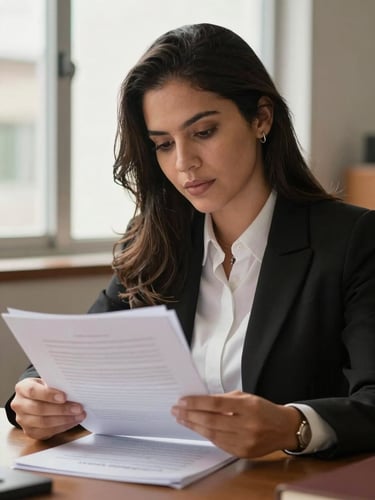 Close-up of a Brazilian woman lawyer in her early thirties reviewing documents at a wooden desk, natural north-facing window light falling softly on her face, warm focus and genuine concentration, no pose