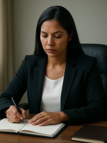 Medium shot of a Brazilian woman lawyer seated at a tidy desk in a calm office, notepad open beside her, soft studio fill light from the left, looking down at case notes with quiet focus, no harsh shadows