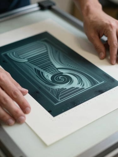 Close-up of hands inspecting a freshly trimmed offset-printed sheet on a light table, north-facing daylight, ink saturation and registration marks visible at edge, paper grain caught in raking light