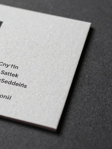 Extreme close-up flat-lay on deep charcoal surface, a precision die-cut business card with embossed edges and deep ink coverage, north-facing daylight raking across paper texture to reveal grain and cut edge detail, right side of frame
