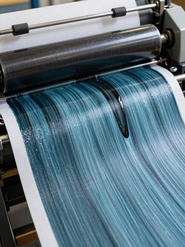 Extreme close-up, north-facing daylight, a printing press mid-production run — ink rollers saturating a sheet of heavy uncoated stock, deep cyan and black ink visible in sharp detail against the paper grain, mechanical precision in focus