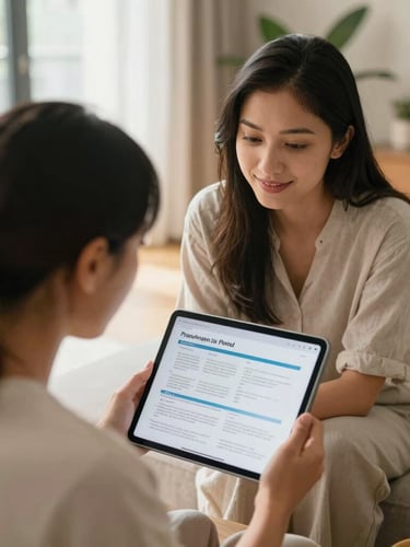 An over-the-shoulder shot of a parent and an educator reviewing progress reports on a tablet in a bright, modern Pune home living room, warm daylight.