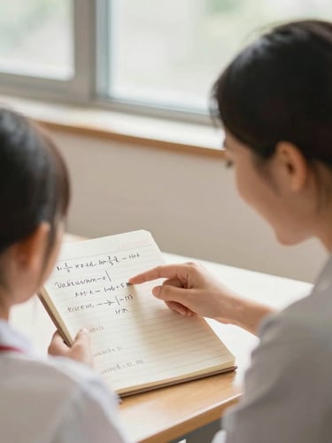 Over-the-shoulder shot of a verified math tutor smiling and pointing to a solved equation in a student's notebook, warm natural light, shallow depth of field