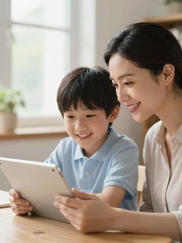 A mother and student sitting together at a table looking at a progress report on a tablet, smiling, warm home environment, soft window light