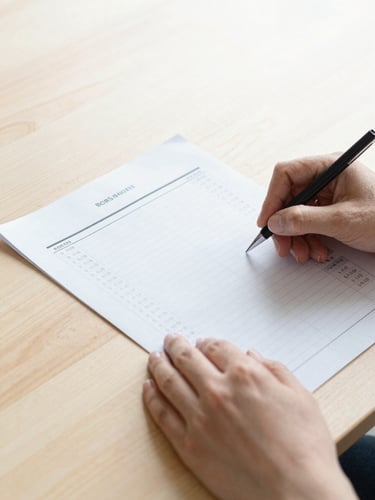 A close-up of hands reviewing a structured financial ledger on a clean wooden table under bright, diffused daylight.