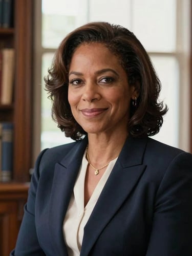 Medium-close portrait of Epsie Belle Thompson Taylor, a professional woman with a warm, confident expression, soft natural daylight, elegant light-filled office background with rich wood and books, soft focus.