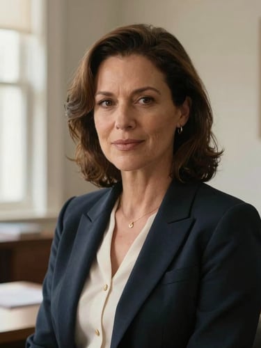 A warm, professional medium-close portrait of Epsie Belle Thompson Taylor in a light-filled office, looking confidently off-camera, soft natural daylight, refined architectural details in the background.