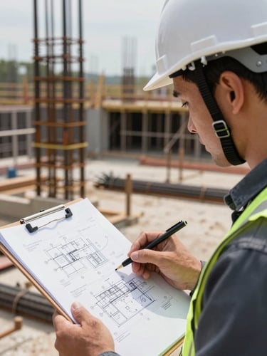 Close-up of a construction engineer in a hard hat reviewing technical drawings on a clipboard at an active building site, natural daylight, steel reinforcement bars visible in the background