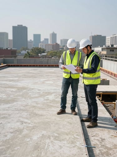 Wide shot of two engineers in high-visibility vests and hard hats standing at the edge of a completed concrete floor slab, reviewing site documentation together, direct unfiltered daylight, urban skyline in the background