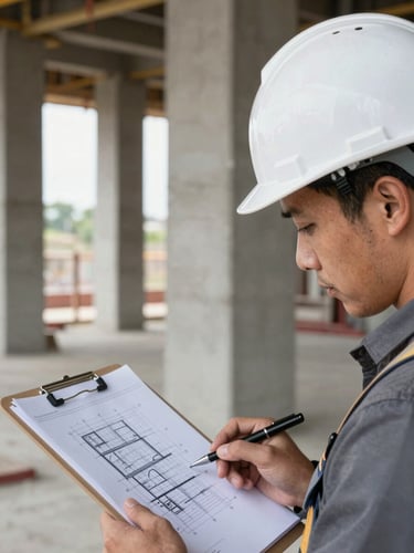 Close-up documentary shot of a civil engineer in a white hard hat reviewing printed technical drawings on a clipboard at an active construction site, concrete columns visible behind, natural daylight, focused and unposed