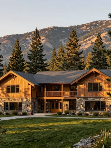 Warm morning light on a modern timber and stone estate facade in Sun Valley, towering pine trees, 35mm editorial photography.