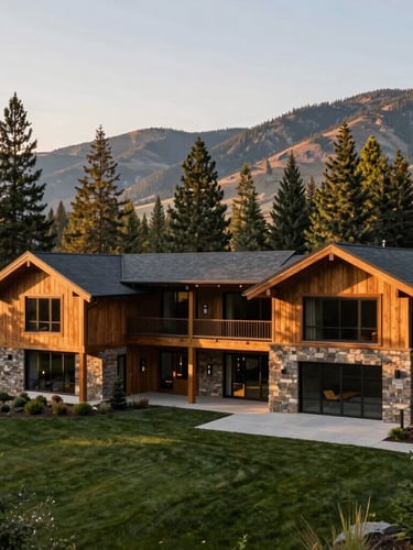 Wide-angle architectural photograph of a modern timber and stone estate in Sun Valley, warm golden-hour light filtering through pine trees, clean lines, 35mm