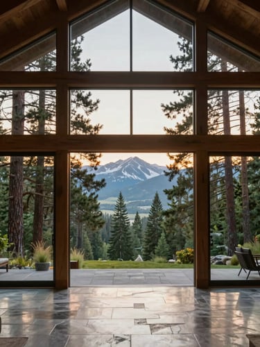 Immaculate luxury home interior, floor-to-ceiling windows showing pine forests, soft morning sunlight reflecting on polished stone floors, spacious and architectural, 35mm.
