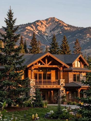 Warm evening light on a modern timber and stone mountain estate facade in Sun Valley Idaho, towering pines, 35mm editorial photography