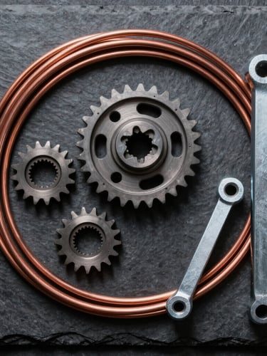 Top-down flat lay of heavy-duty copper wiring, industrial gear teeth, and pristine steel hardware tools organized on a dark slate surface, sharp technical shadows, cool industrial lighting.