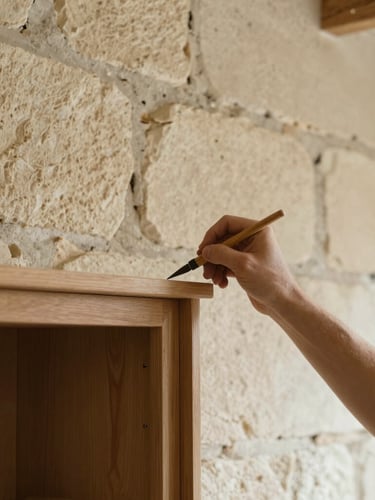Close-up detail shot of a craftsman scribing an oak cabinet frame to sit flush against an irregular, textured cream sandstone cottage wall, soft natural side-light, 35mm