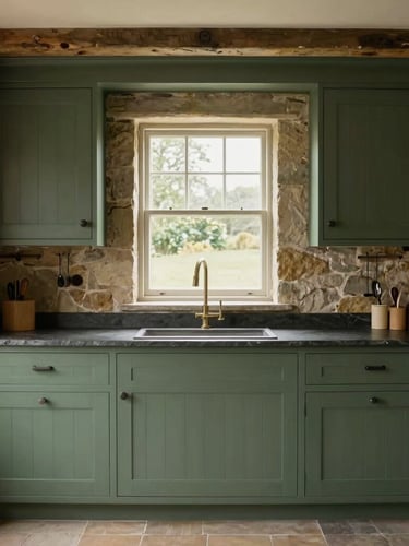 Straight-on architectural elevation of a bespoke forest green kitchen in a stone cottage, soft natural daylight through a deep-set window, hand-painted timber cabinets, slate worktops, warm editorial interior photography, 35mm