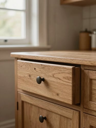 Straight-on architectural detail of a hand-painted kitchen drawer showing traditional dovetail joinery, soft daylight from a side window, warm timber tones, 35mm