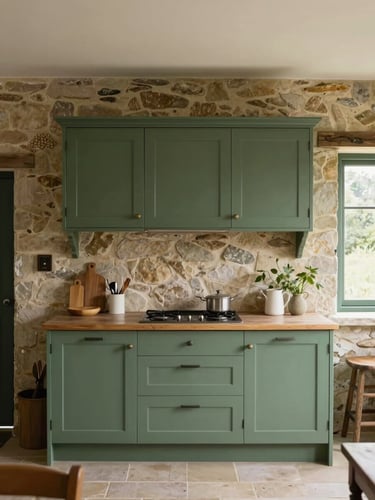 Straight-on architectural elevation of a hand-painted forest green kitchen in a stone cottage, soft natural daylight, muted earth tones, 35mm