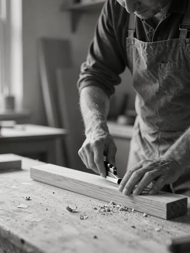 Black and white portrait of a joiner in a sunlit workshop, hand-shaving a piece of solid oak, wood shavings on the bench, soft natural light, 35mm